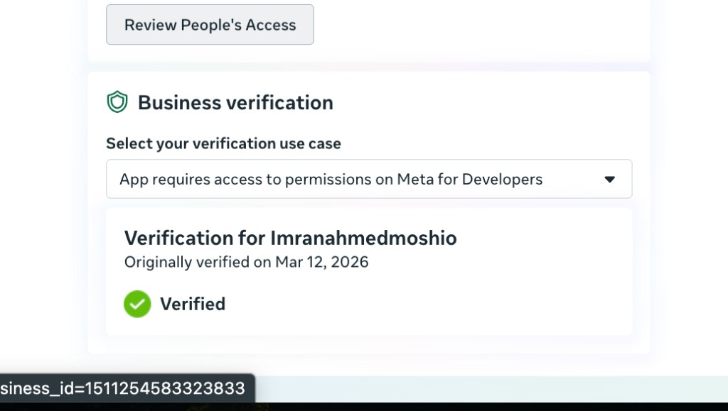 Meta Business Verification status for Imran Ahmed Moshio — Verified
